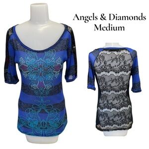 Angels & Diamonds Blue Striped Black Lace Cross Embellished Women's Medium